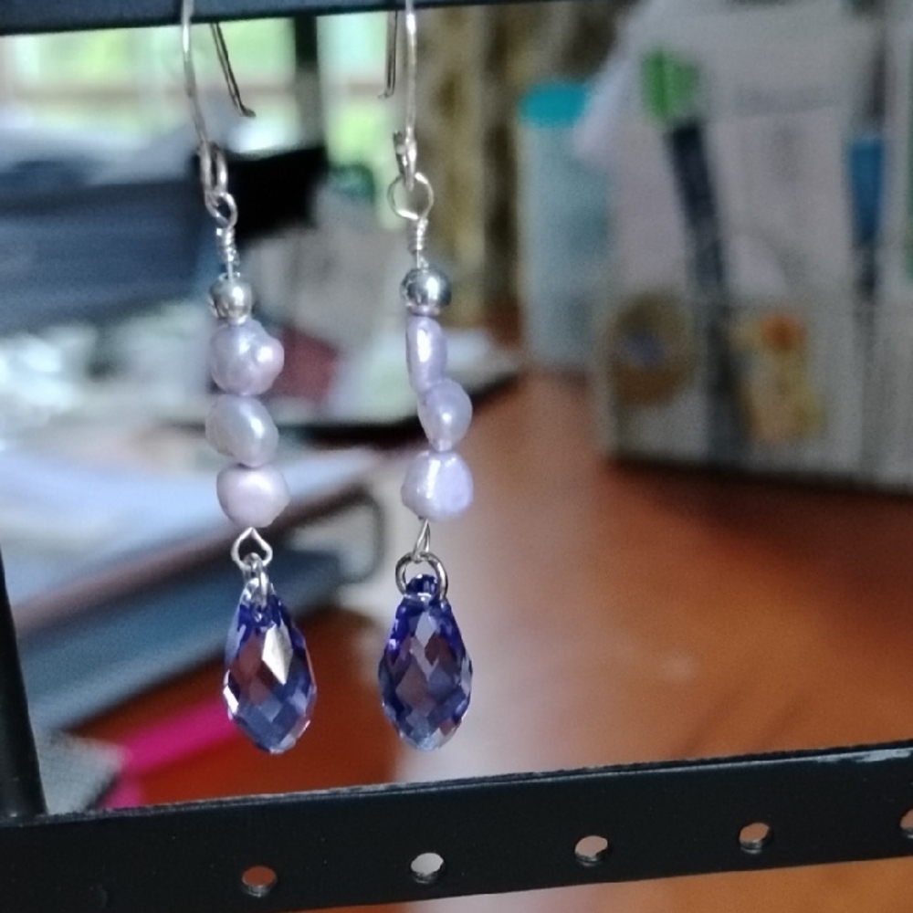 Hand Crafted Elegant Lavender Pearl And Swarovski Briolette Crystal Earrings
